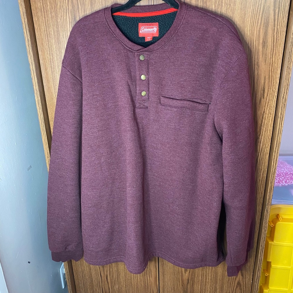 Coleman Henley Sweatshirt Mens XXL Burgundy Sherpa Lined Waffle Knit Pullover